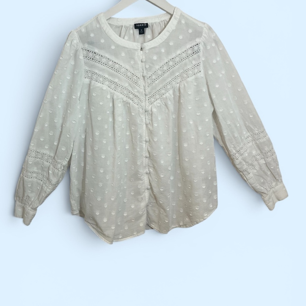 torrid Ivory Swiss Dot Lace Yoke Button-Down Blouse